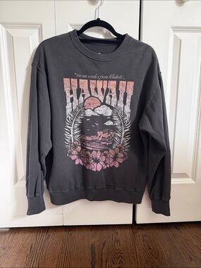 Hollister Dark Gray Crewneck Sweatshirt with Pink Hawaii Graphic